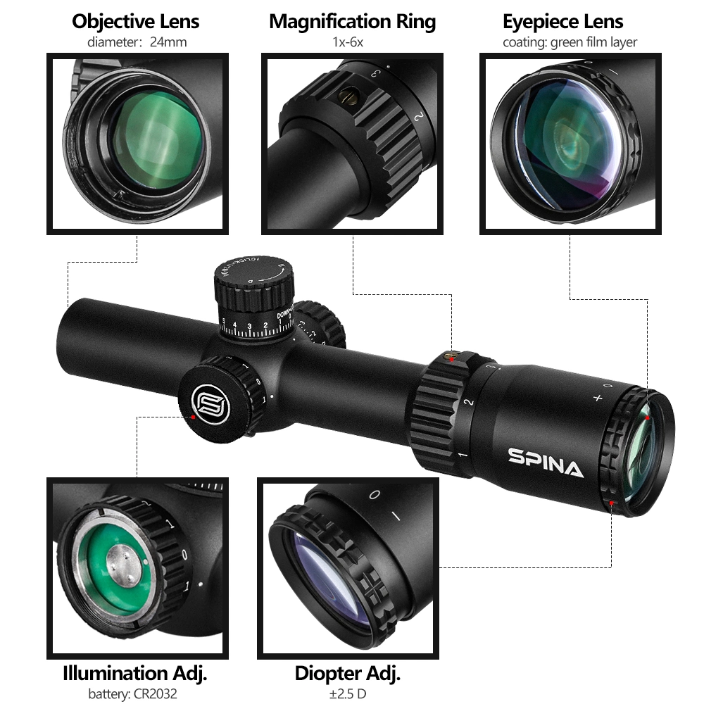 Spina Optics HD 1-6X24 IR Hunting Scope Tactical Compact Riflescope Outdoor Long Range Optic Sights First Focal Plane Ffp Sight