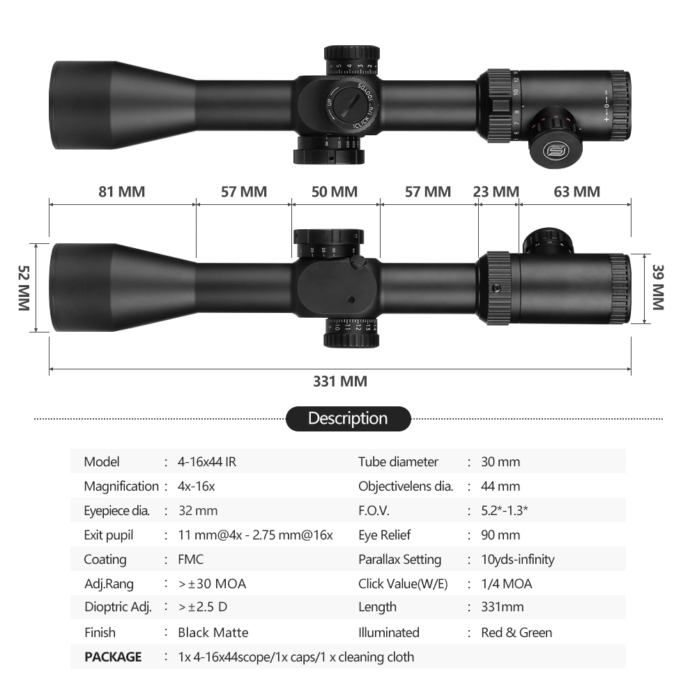 High Quality Spina Optics Riflescope 4-16X44 IR Optical Tactical Scopes Le Viseur Hunting for Hunting Support